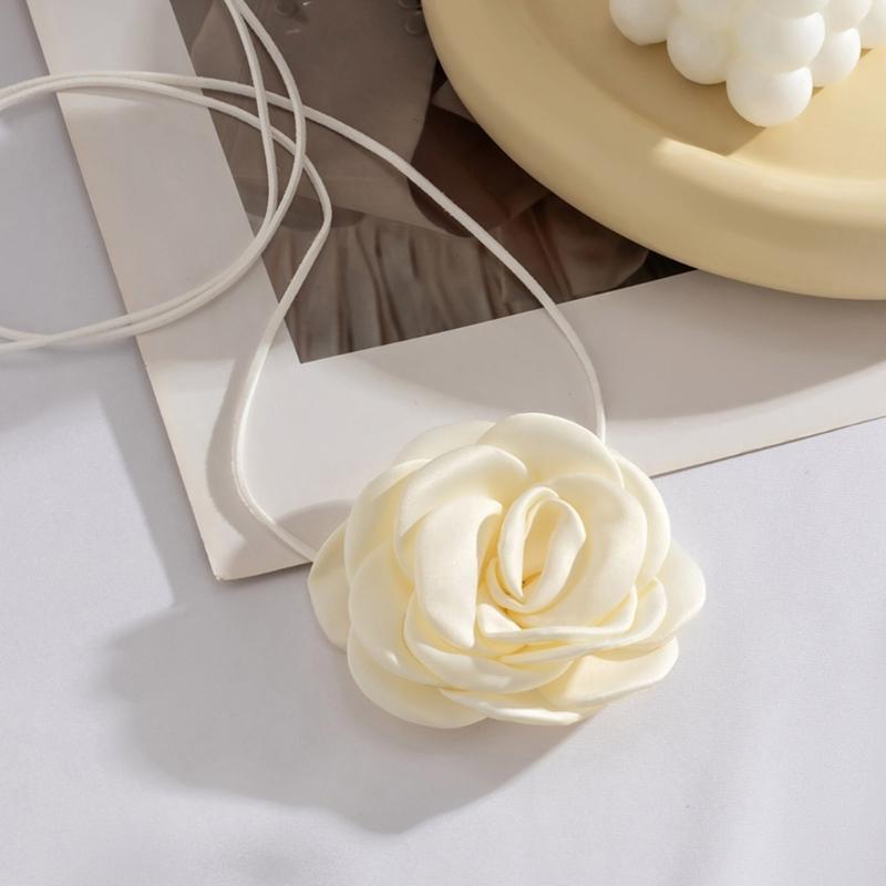 Fabric Flower Tie Choker Necklace Long Rope Lock Collarbone Chain Fashion Neck Decoration Fabric Floral Tie-Up Choker