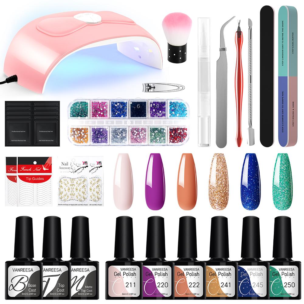 

VANREESA 6 кольорів Набір гель-лаку для нігтів Манікюрний набір з W лампою для нігтів Сушарка для нігтів Набір для нігтів Набір інструментів для малювання нігтів Soak-off