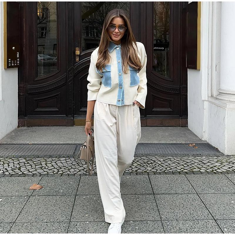 Y2k Women Denim Patchwork Jacket Coat Lapel Long Sleeves Jackets with Pockets Spring Casual Lady Denim Coats Designer Outwear Top