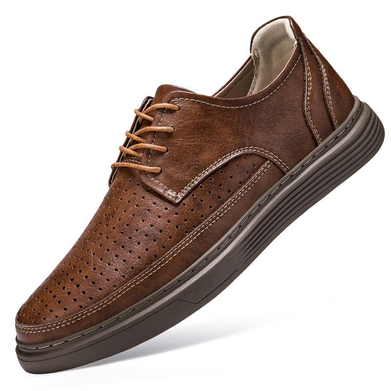 Fashion 2025 Big Size Leather Lace-up Casual Shoes for Men Air Cushion Platform Shoes with Perforated Design Comfortable Walking Shoes