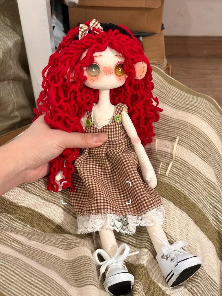 Hazbin Hotel Helluva Boss Doll Red Curly Hair Checkered Dress Anime Toy Handmade Gift for Animation Fans