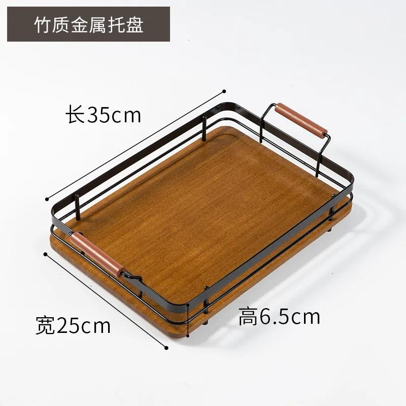 2024 New Bamboo Fruit Tray with Metal Handle, Barbecue Tray Tea Tray Dessert & Bread Plates Wooden Plate Cake Stand
