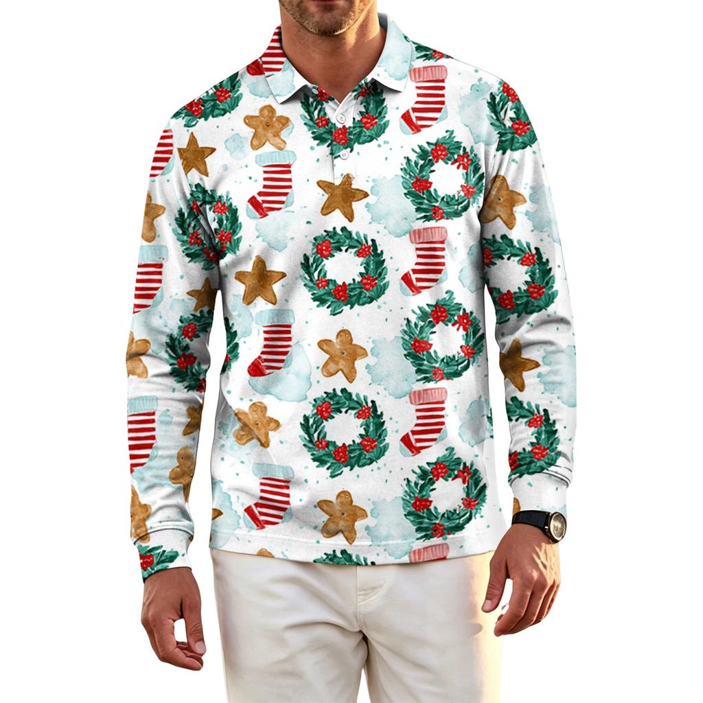 Men's Golf Shirt Long Sleeve Casual Christmas Print Quick-Dry Mesh Top
