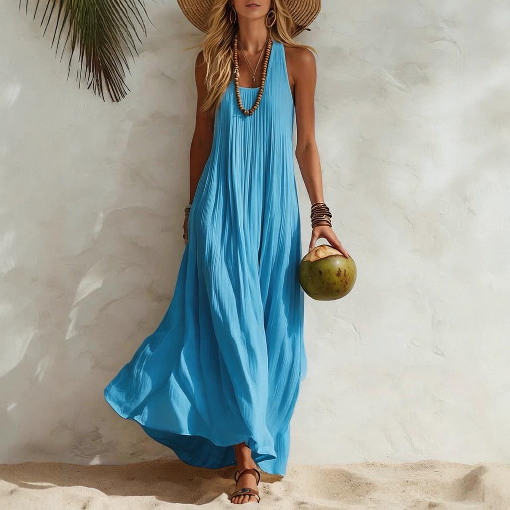 Women Halter Neck Sleeveless Maxi Dress Casual Solid Color Pleated Beach Dress