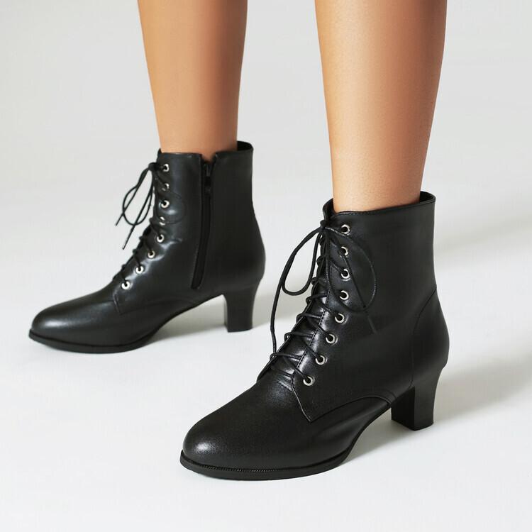 New European and American Lace-up Short Boots Thick Mid-heel Boots Short Martin Boots Large Size Boots