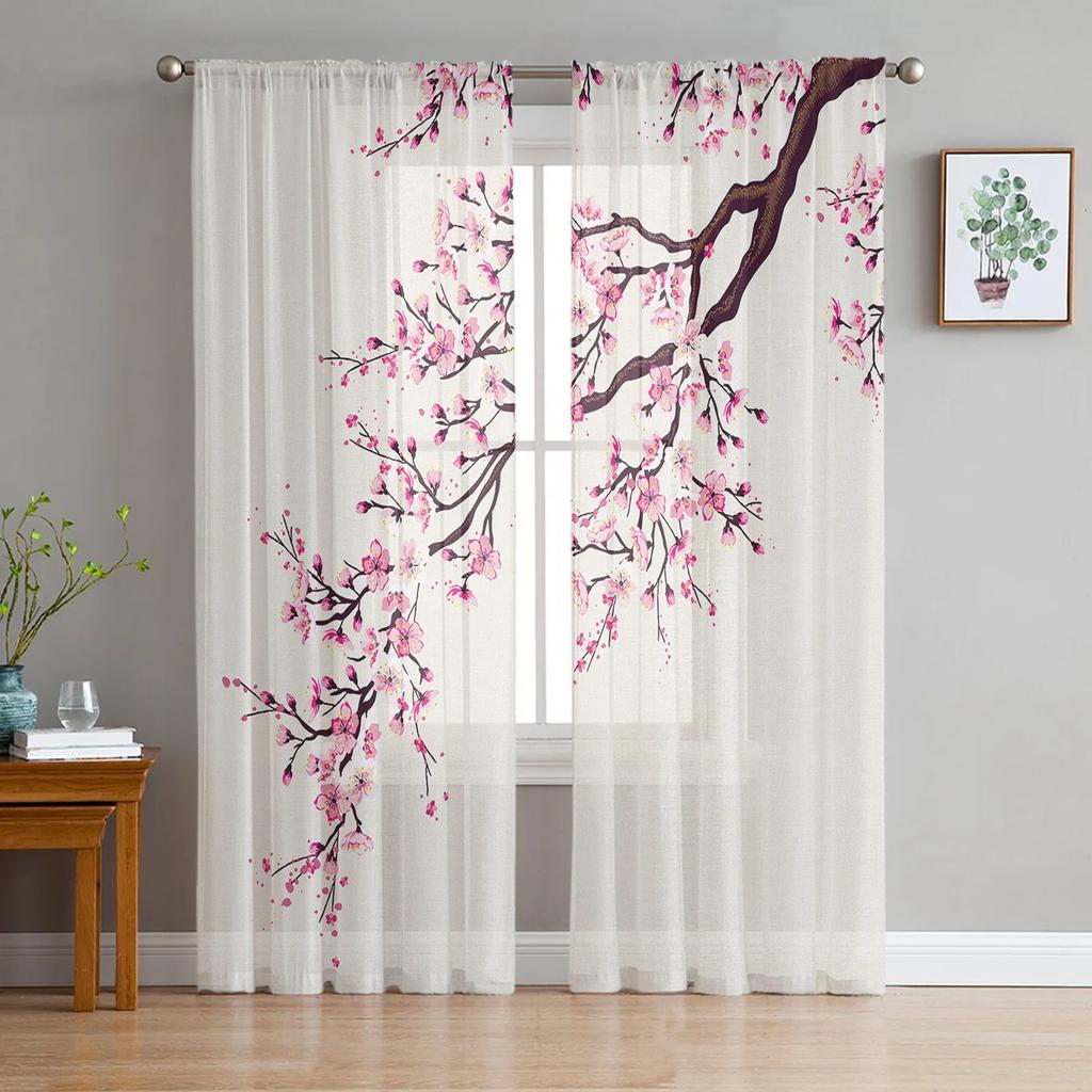 Spring Flower Peach Blossom Pink Cherry Blossoms Sheer Curtains Living Room Decoration Window Curtain Kitchen Tulle Voile Drapes