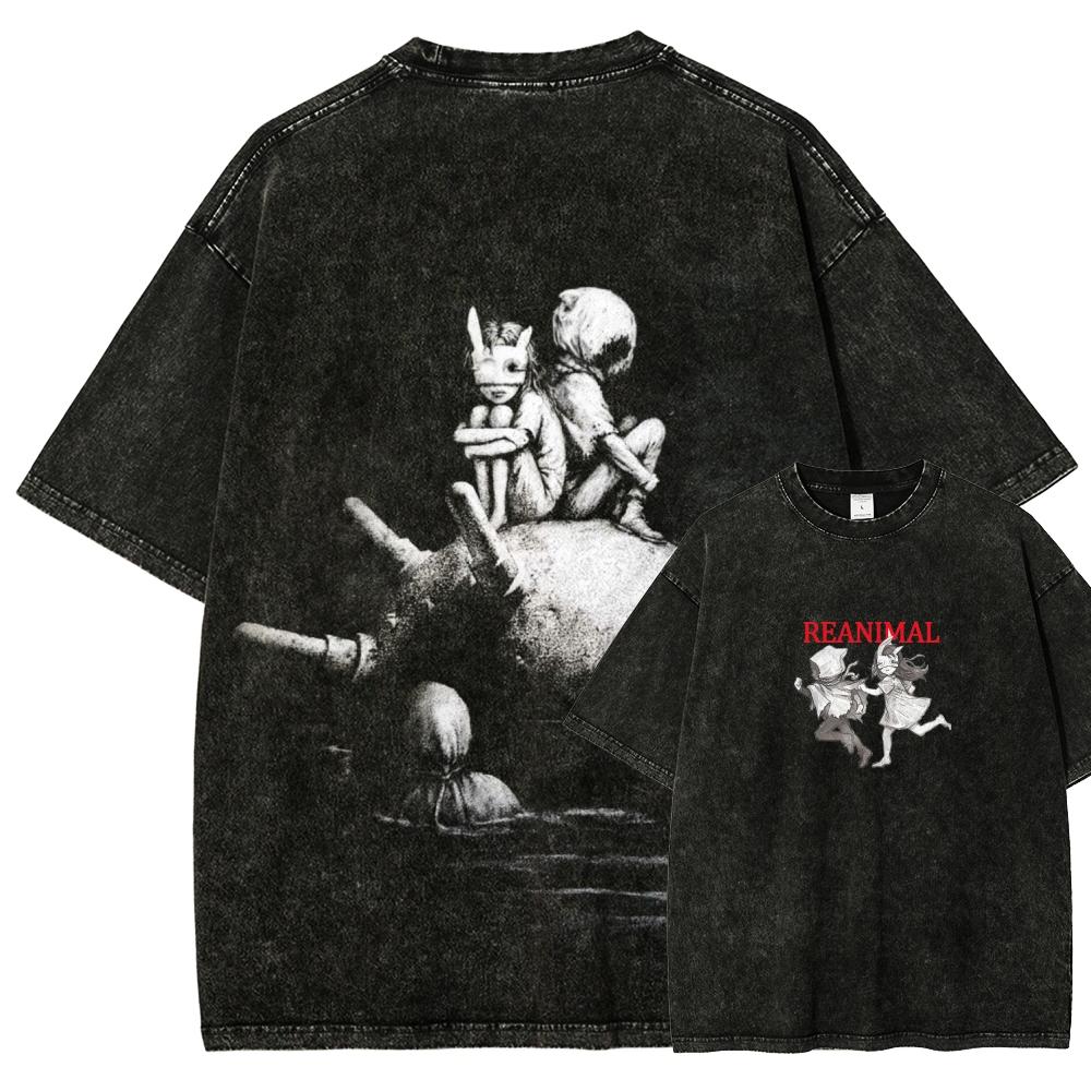 REANIMAL Anime Lover Washed Tshirt Year round clothing personality Clothes Plus Size Unisex NewModel Couples high quality soft S