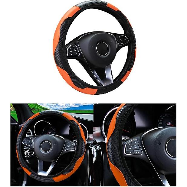 Car Steering Wheel Cover, 15 Inch Carbon Fiber Microfiber PU Leather Elastic Steering Wheel Protector For Men Women, Anti-Slip Breathable Car