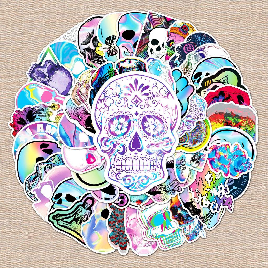 50 Holographic Skull Stickers for Luggage, Scooters, Tablets, and More