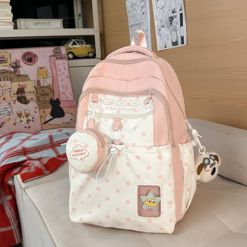 School bag women's new college style Japanese fresh cartoon polka dot backpack junior high school students lightweight travel backpack