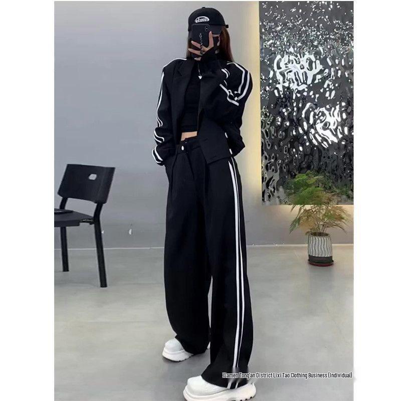 Women's 2025 Spring/Autumn Two-Piece Set: Two-Stripe Blazer & High-Waisted Wide-Leg Pants