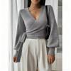 Women's V Neck Cross Front Belted Long Sleeve Knit Sweater Casual Pullover