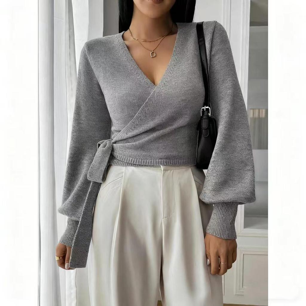 Women's V Neck Cross Front Belted Long Sleeve Knit Sweater Casual Pullover