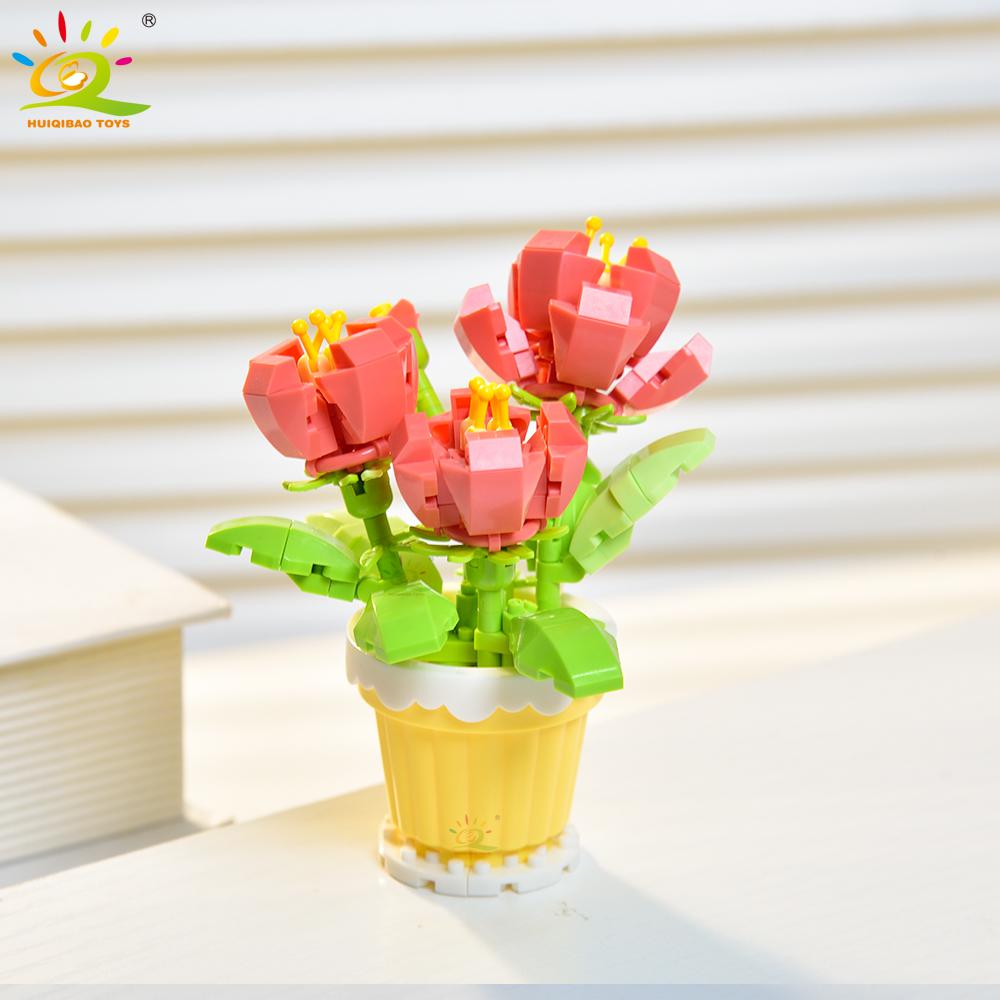 HUIQIBAO MOC Bouquet Potted Plant Micro Building Blocks Eternal Flower Model DIY Home Desk Decoration Brick Toy For Children