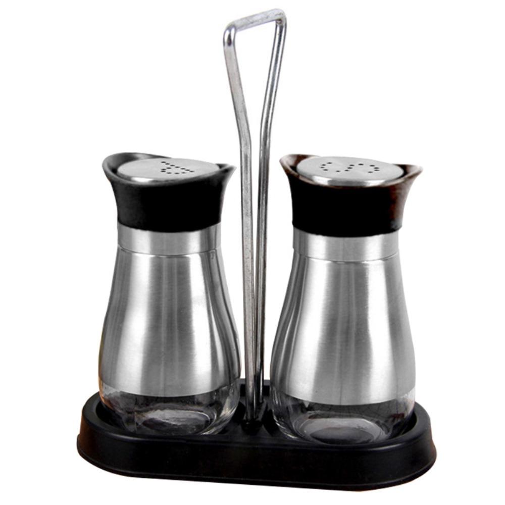 2Pcs/Set Salt & Pepper Kitchen Glass Spice Bottle Refillable Black Condiment Jar with Pour Holes with Rack Spice Dispenser