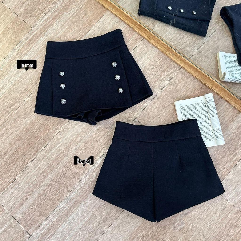 Petite High-Waisted Woolen A-Line Skort - Autumn & Winter Double-Breasted Style