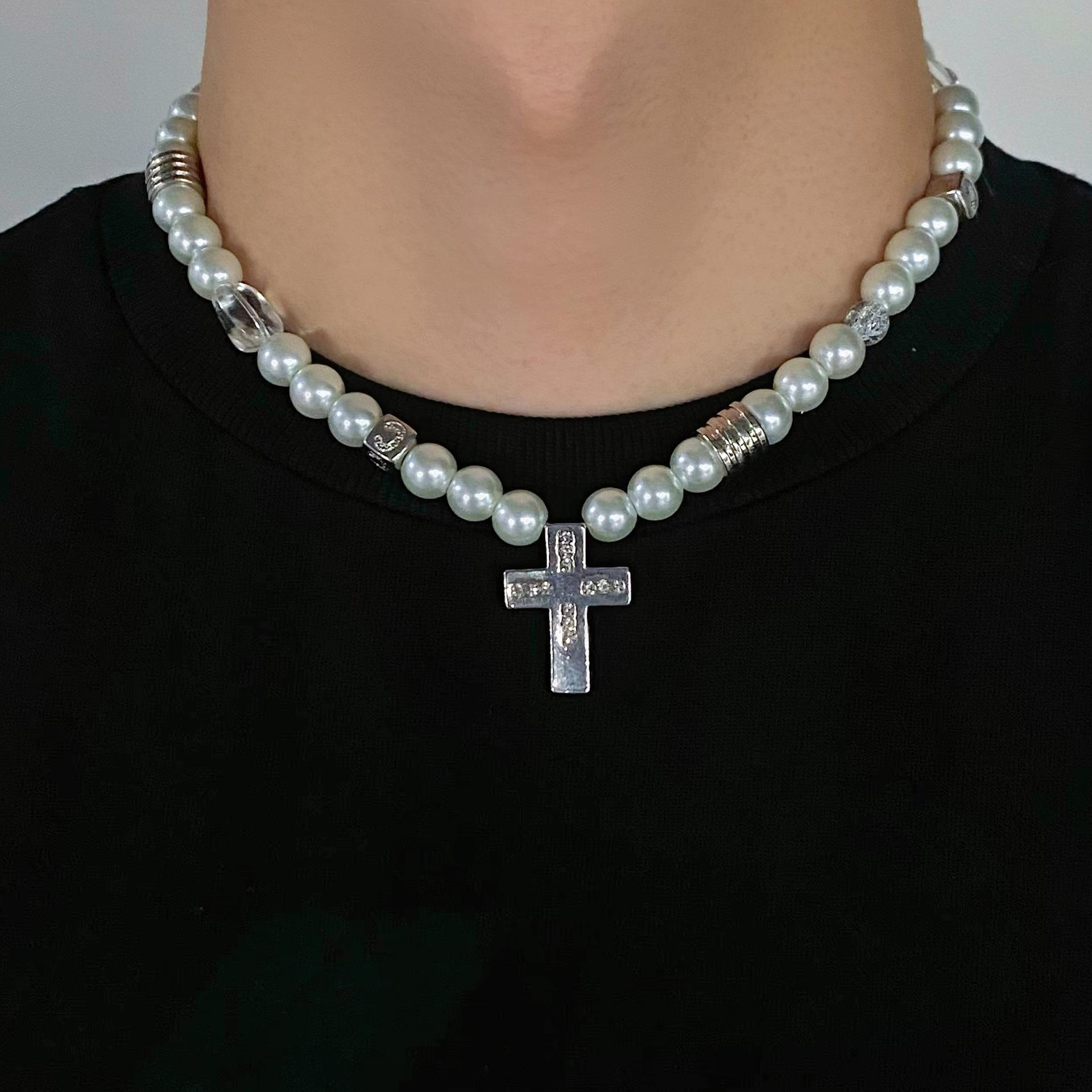 

Жемчужное ожерелье с крестом, мужская высококачественная универсальная цепочка на ключицу в стиле хип-хоп, аксессуары в Европе и Америке