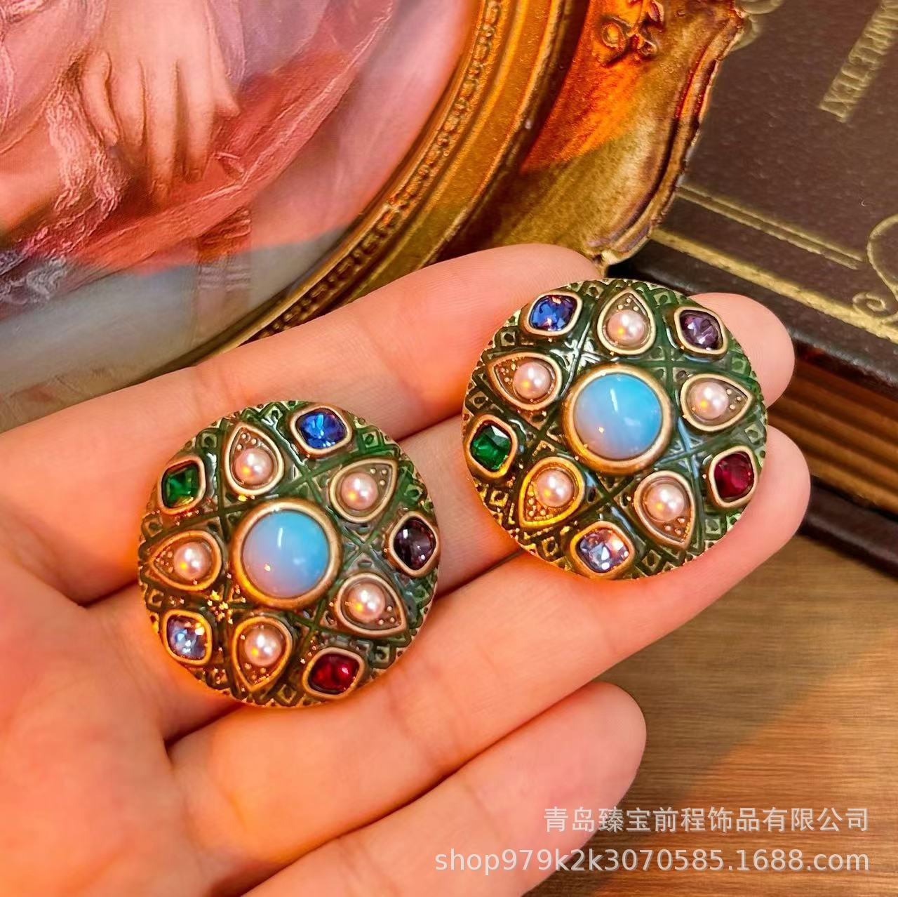 Contrast Color Glazed Stone Earrings, Medieval Vintage Gemstones, Antique Flower Necklaces