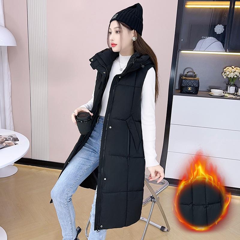 Large size long knee down cotton vest thickened cotton coat hooded autumn and winter sleeveless thick vest women's clothing