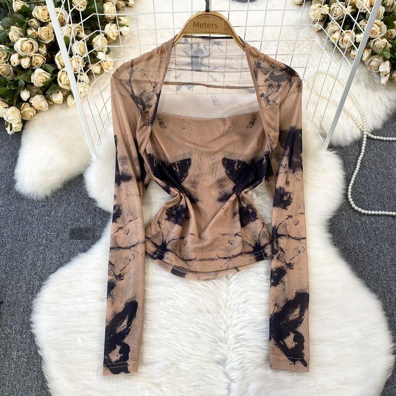 Long Sleeve Square-Neck Tie Dye Mesh Sunscreen Slim Fit Fake Two-Piece
