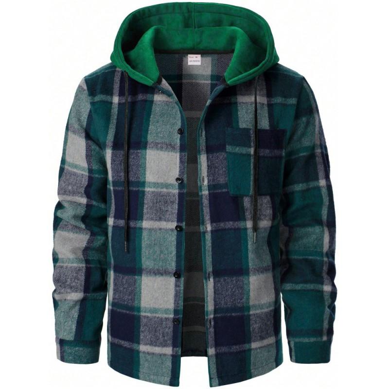 Mens Warm Hooded Plaid Shirt Loose Fit Casual American Style Jacket
