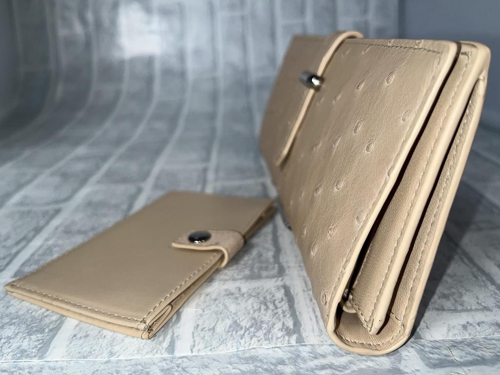 GUODI Langes Portemonnaie mit Klappe und Kartenetui, Echtes Straußenleder, Full Point Design, TK-30LW100 (Oryx Beige)