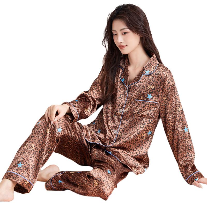 Light Luxury Retro High-End Leopard Print Star Ice Silk Pajamas Women'S Long-Sleeved Trousers Loungewear Set