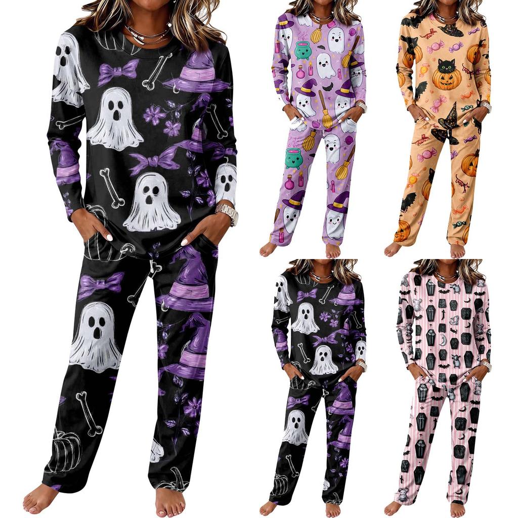 Women's Casual Pajama Set with Long Sleeve Round Neck and Drawstring Wide Leg Pants for Sleep and