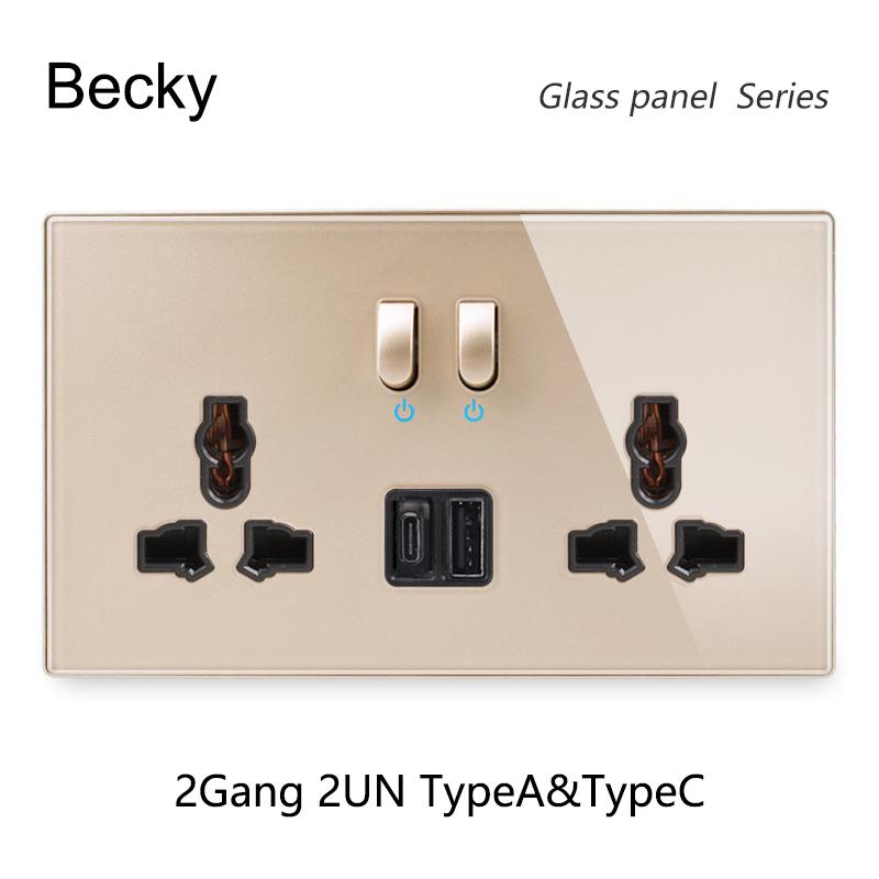 146 Piano Key Reset Switch Tempered Glass Panel 2Gang UN Multifunctional 3-hole Combination Office Hotel Home Villa Decoration