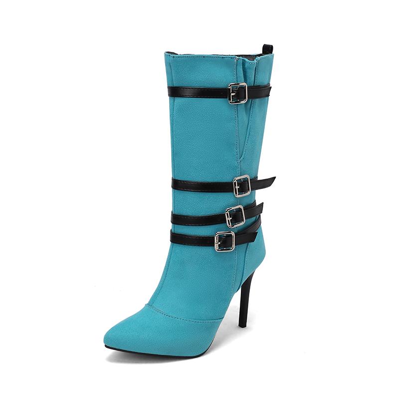 Plus Size Dark Green Elastic Float Material Knee High Boots Pointed Toe High Slim Heels Four Row Belt Buckles Women's Boots 2026