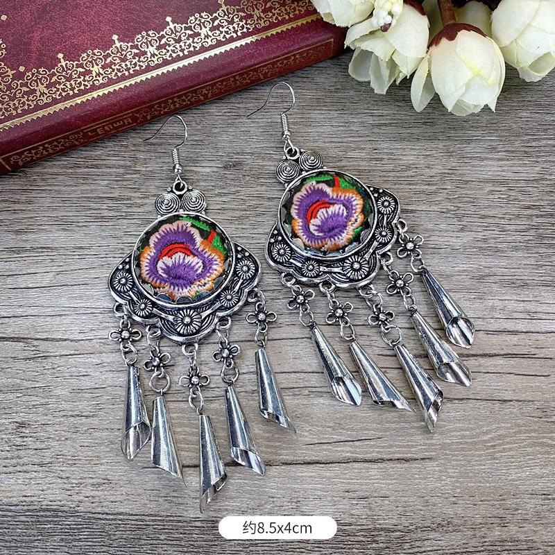 Vintage embroidery earrings hairpin classical temperament Miao peacock flower fringed earrings hair accessories set women