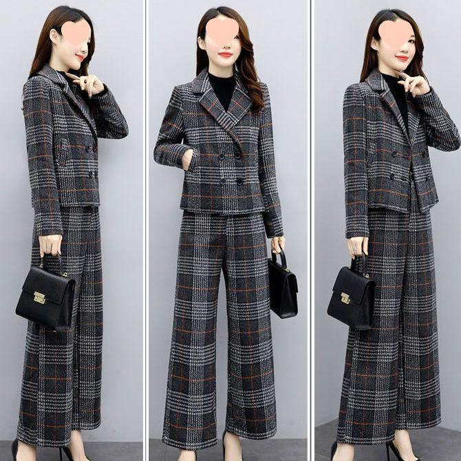 Women's Plus Size Wool Suit: Autumn/Winter 2025, Two-Piece Set with High-Waist Wide-Leg Pants