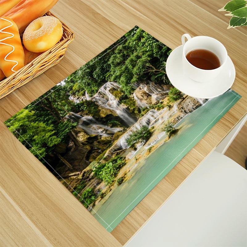 Natural Waterfall Print Linen Dining Table Mats Alphabet Kitchen Placemat 30X45cm Coasters Pads Bowl Cup Mat