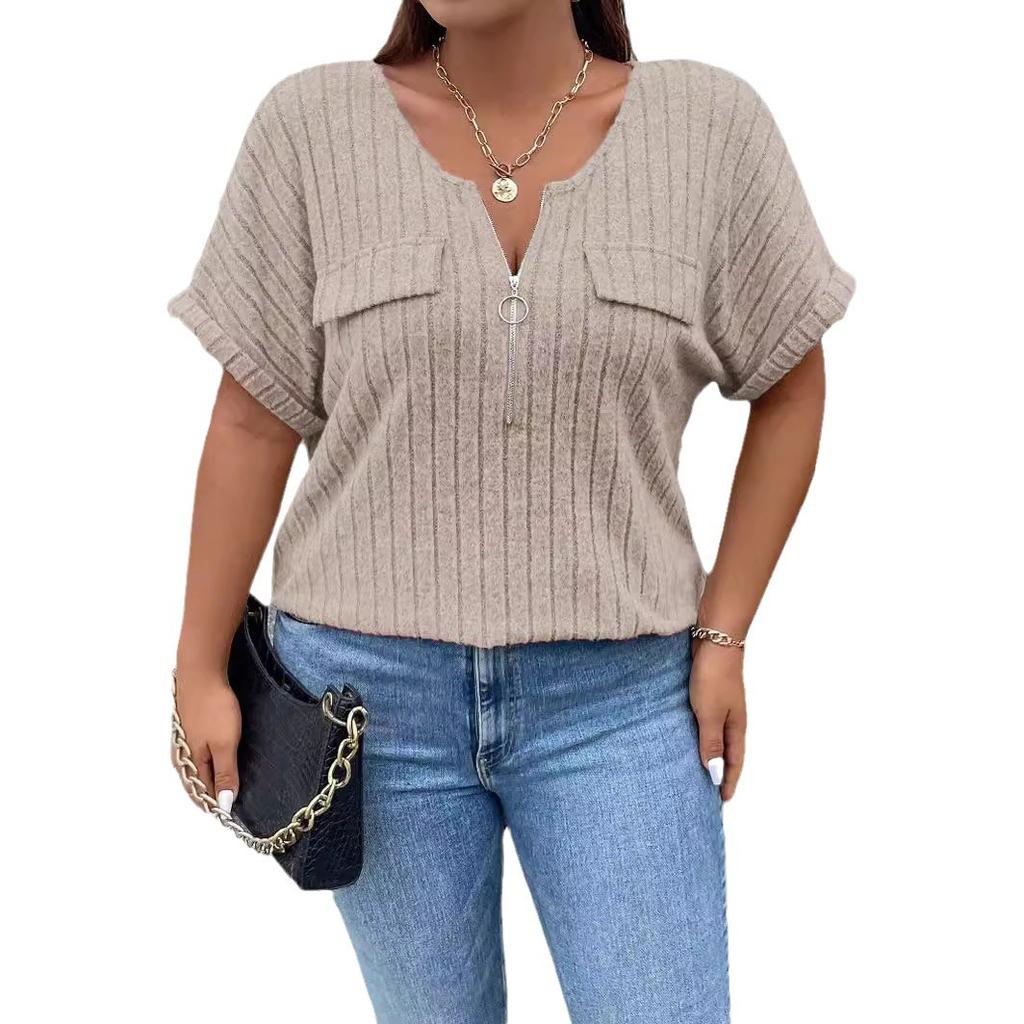 Wiosenno-letni damski T-shirt Jednolity kolor Plus Size Top Zip Krótki rękaw Fałszywe kieszenie T-shirt pulowerowy Luźny