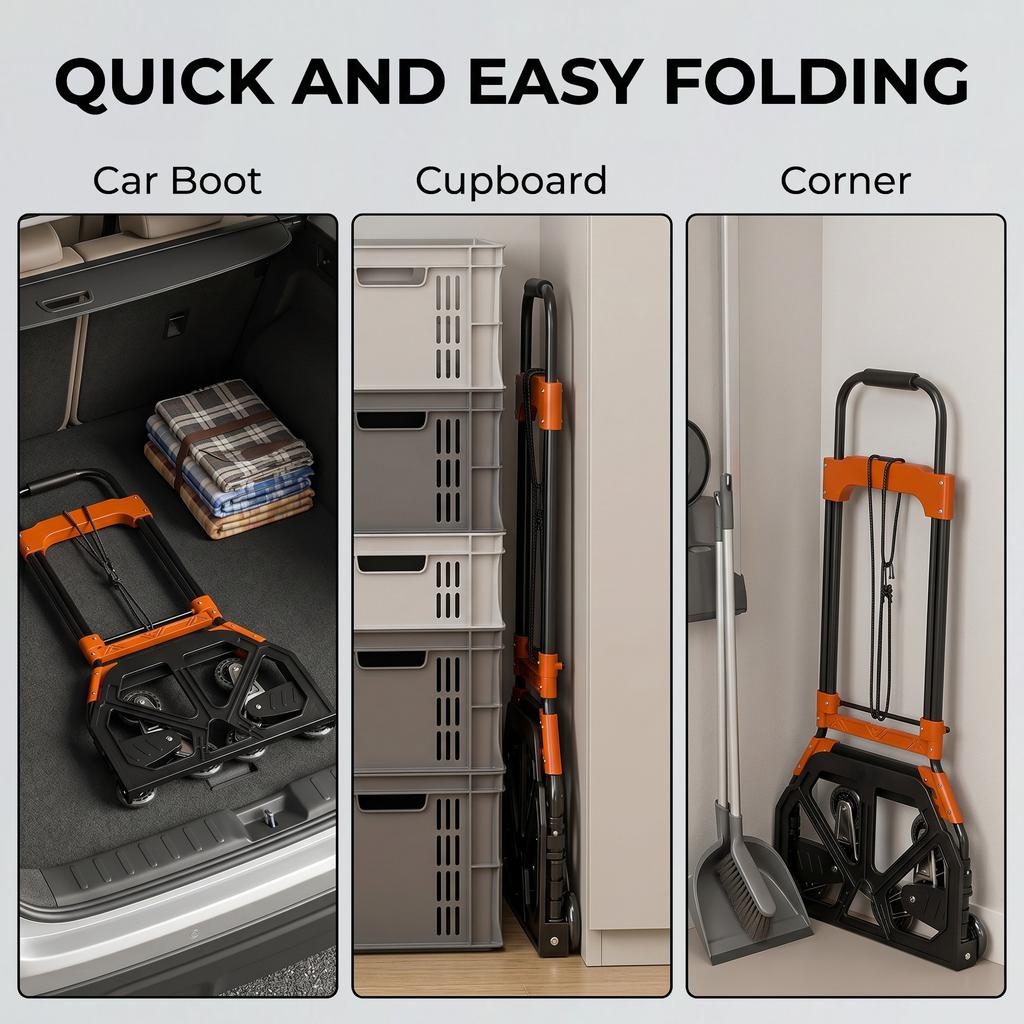 Heavy Duty Foldable Trolley On Wheels, Steel Folding Hand Truck, 75kg, Black and Orange