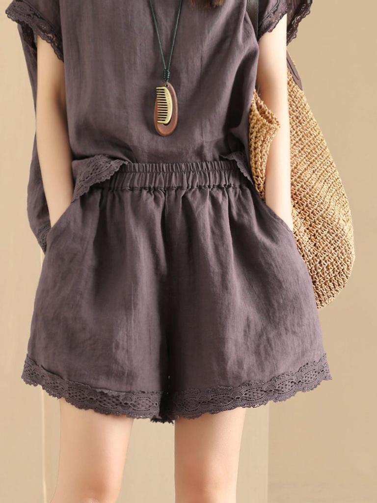 Cotton Linen Lace Trim Set Women's Skirt Suit Ensemble Elastic Material Made in China Versatile Fashionable Ladies Outfit