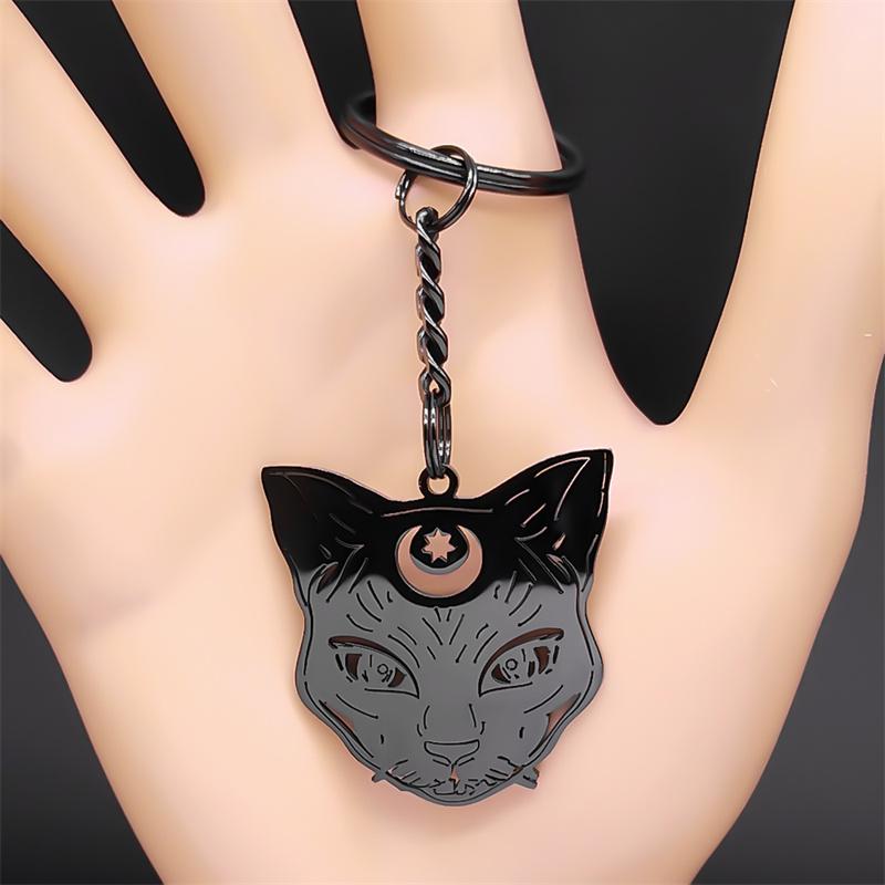 Witch Cat Crescent Moon Star Keychain for Women Men Stainless Steel Silver Color Bag Charm Accessories Jewelry llaveros K8574S01