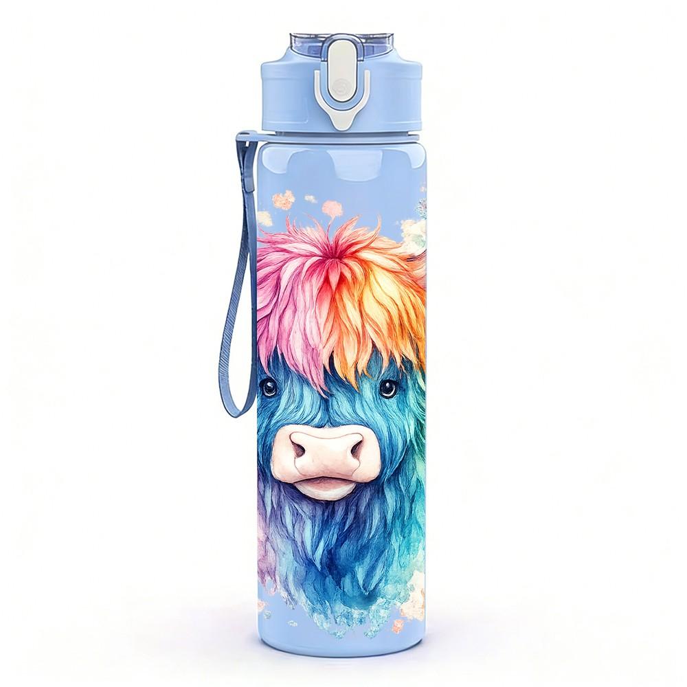 1PC Highland Cow Color Splash Art Print 750ml Color Plastic Sports Water Bottle Leakproof Flip Straw Lid Suitable for Sports Office Home Use