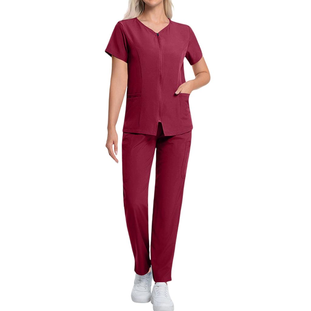 Women's Short Sleeved Color Round Neck Pocket Top Pants Work Clothes Two Piece Set