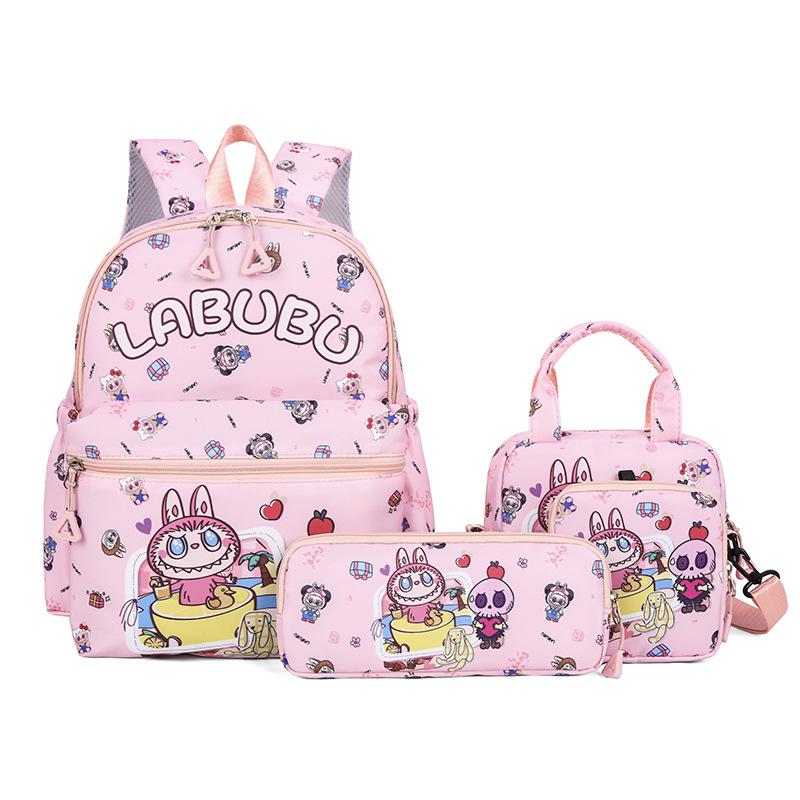 Conjunto de Mochila de 4 Peças LABUBU Desenho Animado Estampa Fofa para Meninas - Mochila Escolar para Ensino Fundamental