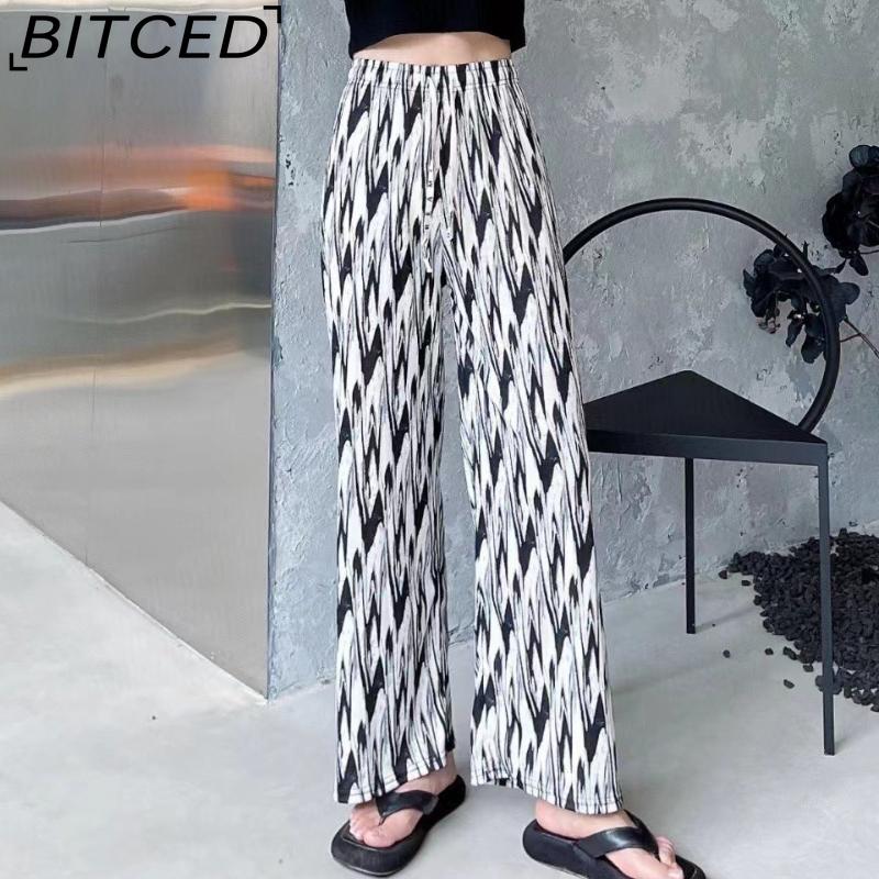 BITCED Vintage-Style Wide-Leg Trousers for Women Spring/Autumn Striped Tie-Dye High-Waisted Straight-Leg Casual Trousers with Drape