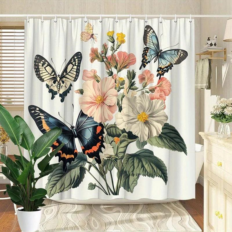 Butterflies and Blooms Shower Curtain - Water-Resistant, Easy To Clean, Adds a Graceful and Nature-Inspired Touch To Your