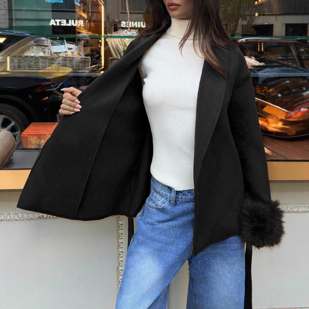 Women's Elegant Woolen Patchwork Cuffs Woolen Jacket Belt Lapel Woolen Long Sleeve Top