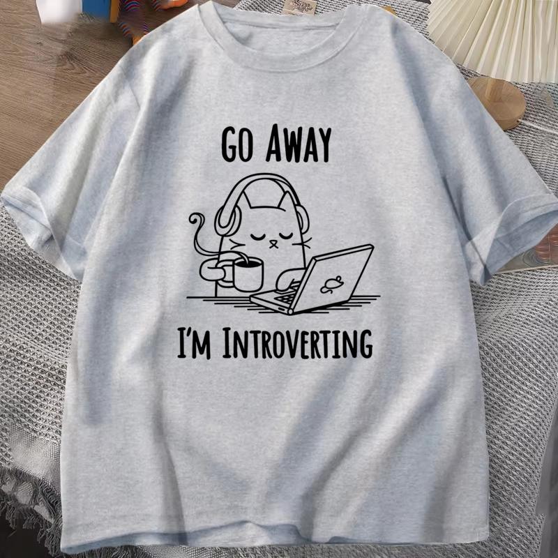 Funny Cat Go Away I'm Introverting Print Casual T-shirt Women T Shirt Summer Casual Short Sleeves Harajuku Tops Unisex Tops