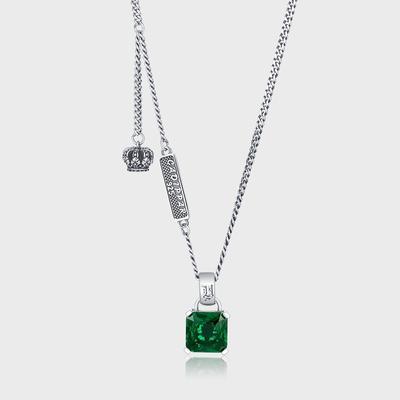 S925 Silver Emerald Necklace Women's Vintage Fashion Temperament Crown Collarbone Chain Hip Hop Personality Sweater Chain Tide