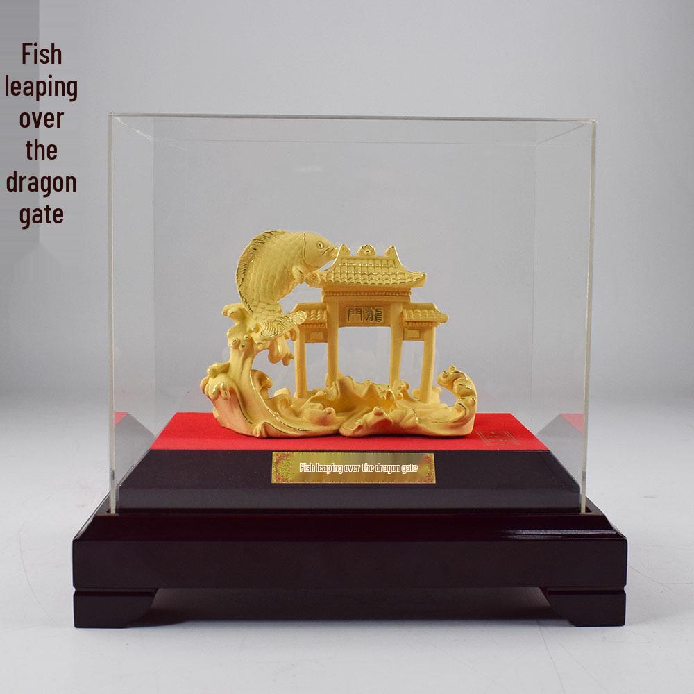 Flocked Gold Carp Leaping over Dragon Gate Ornament: Yearly Surplus Wine Cabinet Gift with Gold Foil Carp Leaping Over the Dragon Gate