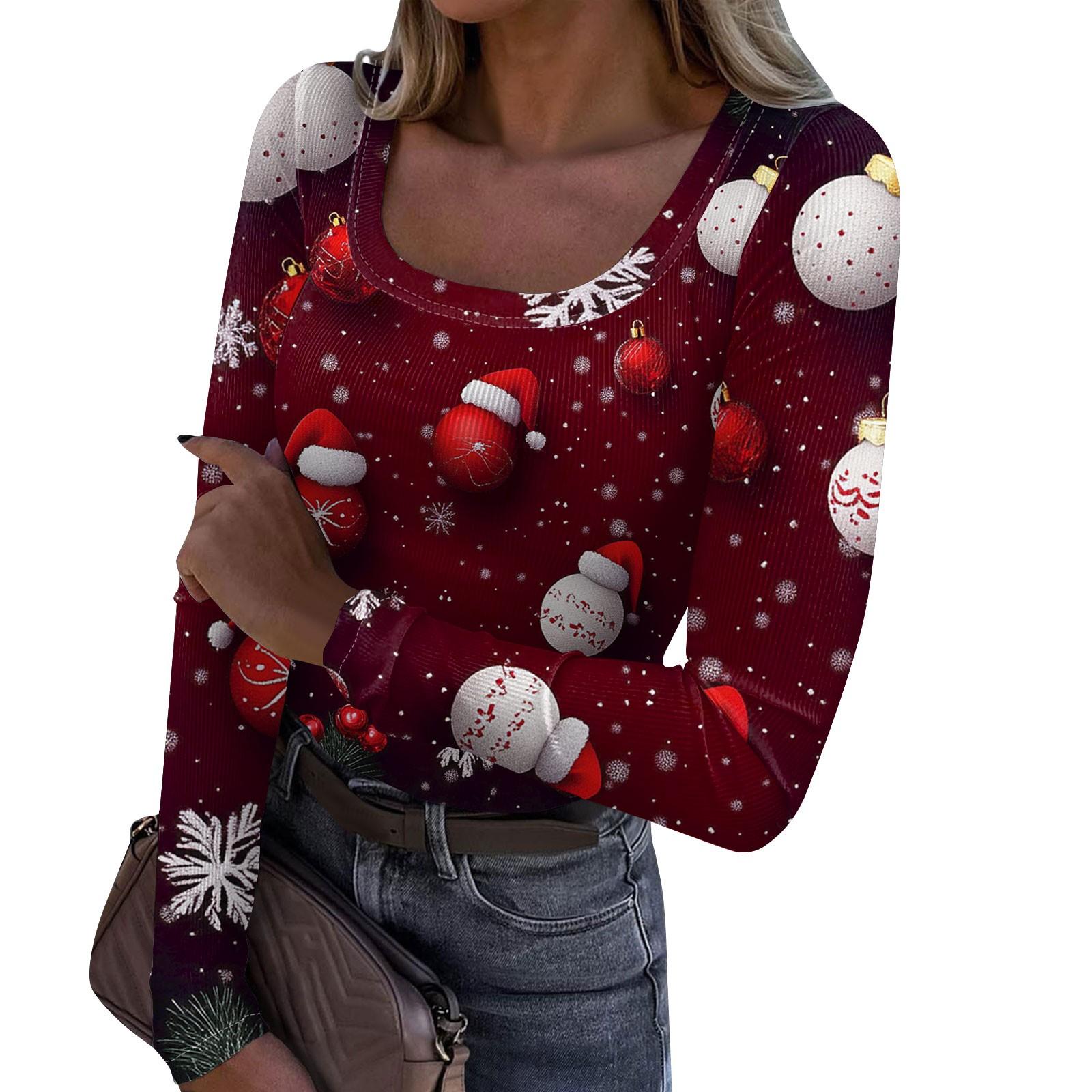 

Женская модная футболка с тонким низом, рождественский принт, пуловер с U-образным вырезом и длинными рукавами M винный