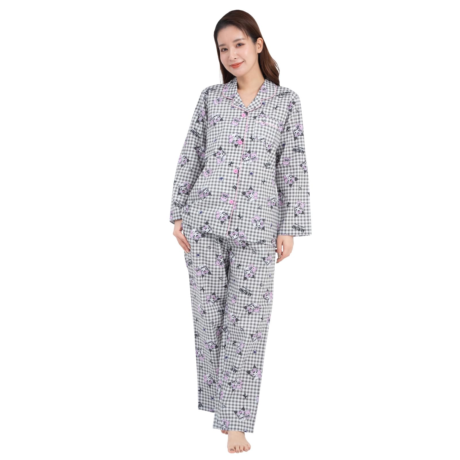 

SAZAC Kuromi Gingham Pajama Cotton Long Sleeve and Loungewear Set, 100% Broadcloth, Women s Pants, (Black/M/SAN1782) чёрный
