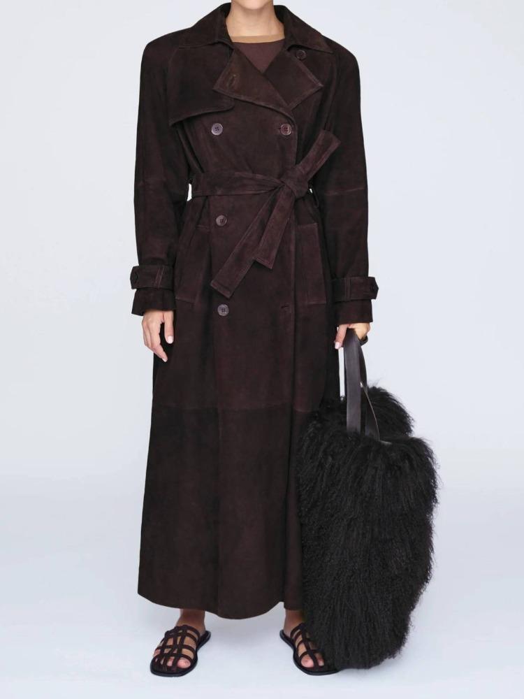 

Long Brown Suede Trench Coat with Belt and Notch Lapel L темно-коричневого кольору