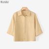 ZANZEA Womens 3/4 Sleeve Lapel Button Down Loose Cropped Shirt Blouse